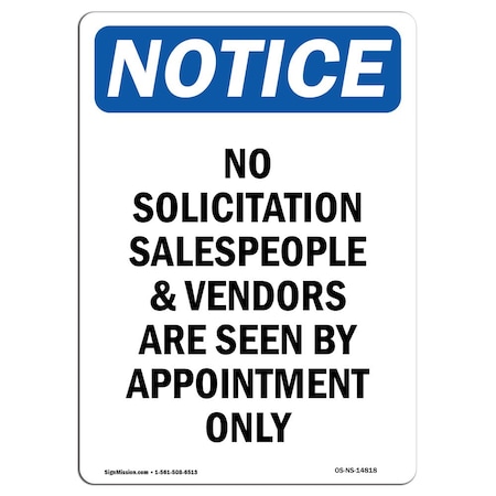 Signmission Safety Sign, OSHA Notice, 5" Height, No Solicitation Salespeople And Sign, Portrait OS-NS-D-35-V-14818